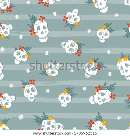 Day of the dead, Dia de los muertos background and seamless pattern, hand drawn with decoration and flowers, great for textiles, banners, wallpapers, wrapping - vector design

