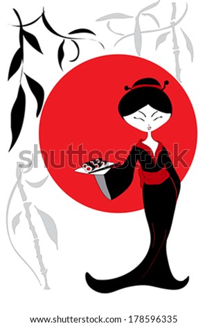 Traditional japanese pretty girl enjoy sushi. Vector illustration. Menu template