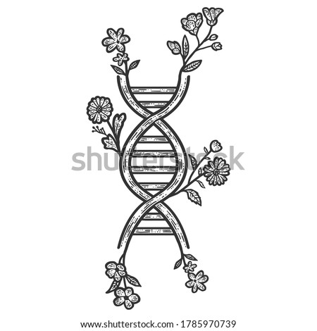 Genetic code floral. Sketch scratch board imitation. Black and white. Engraving vector illustration.