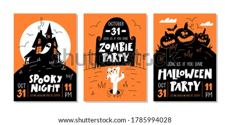 Vector set of Halloween party invitations or greeting cards with handwritten text and traditional symbols.