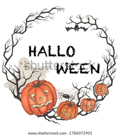 halloween wreath with pumpkins on the white background with text