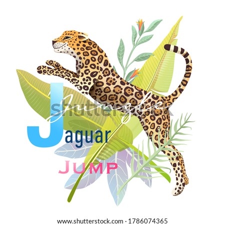 J is for Jumping Jaguar, Animal ABC picture book. Realistic wild Jaguar in Jungle cartoon, kids character design. Wild animal poster or t shirt print design, watercolor styled vector design.