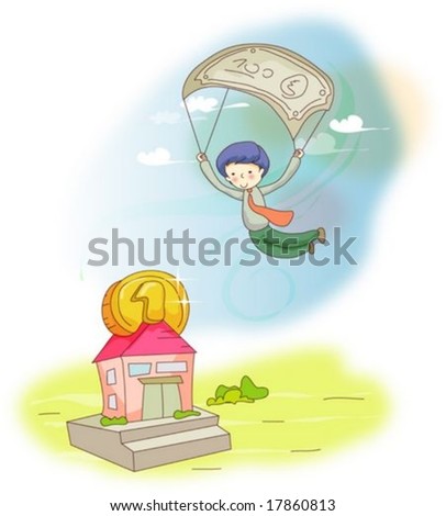 Animation Sketch - flying in the air with a cute boy by paper bill and isolated bank on blue and yellow background : vector illustration