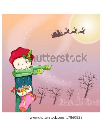 Winter Animation Sketch with Merry Xmas - traveling by sled with reindeer and cute santa claus on traditional holiday on background with beautiful violet night sky and full moon : vector illustration