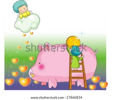 Animation Sketch - saving money with cute little children on green and blue background with golden heart patterns : vector illustration