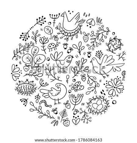 Design elements on the theme of nature, plants, birds. Doodle style in circle shape composition. Black outline on white background.