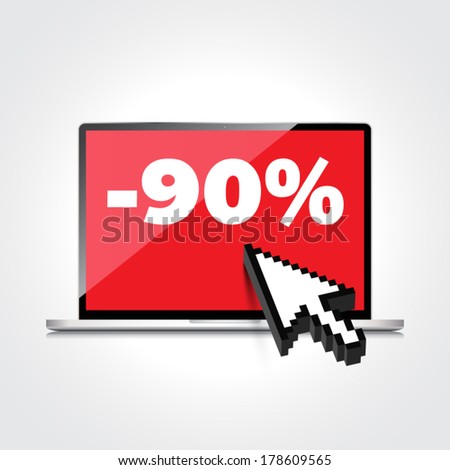 Sale, markdown, discount 90 percent on High-quality laptop screen. Reduced Prices. Special offer. Shopping badge with percentage discount. 