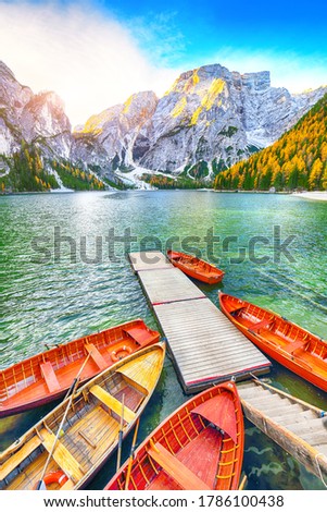 Marvelous scenery of famous alpine lake Braies at autumn during sunrise. Location:  national park Fanes-Sennes-Braies, region Trentino-Alto Adige , province Bolzano, Italy, Europe