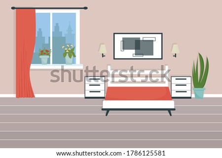 Modern, stylish bedroom interior of house or hotel stock vector illustration with bed, window, nightstand, picture. 
