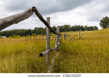 Rural summer landscape with green grass, Wooden old fence, forest on the horizon and cloudy sky. High quality photo