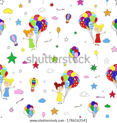 Little girl with balloons. Colorfull illustration for kids. Clouds, balloons, stars, sky and party elements.  Children's illustration for paper, wallpaper, textile.