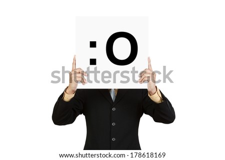 Businessman hold board with gasp face emoticon isolated on white background