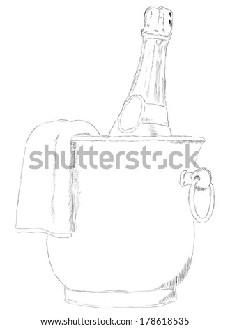 Champagne bottle in ice bucket. Vector illustration.