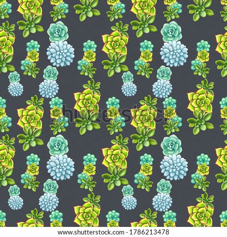 Seamless pattern with succulents. Beautiful floral print with 3d flowers. Good for textile or wrapping paper.