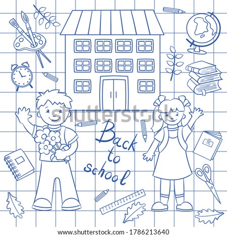 Schoolchildren and school supplies drawn in a notebook with a blue pen. Vector illustration.