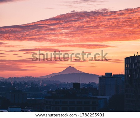 Sunset over Portland Oregon with Mt Hood