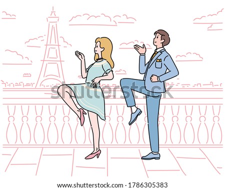 Paris Cute couple dancing funny on the Eiffel Tower background. hand drawn style vector design illustrations. 