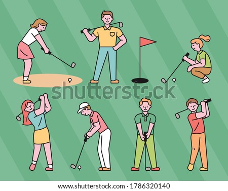 Golf players in various moves. flat design style minimal vector illustration.