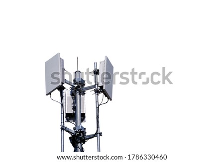 Small Base Station or Base Transceiver Station 5G radio network telecommunication equipment with radio modules and smart antennas mounted on a metal isolated on white background. Royalty-Free Stock Photo #1786330460