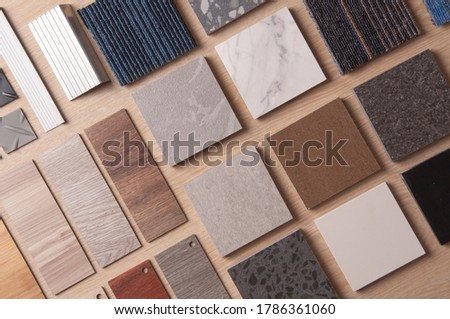 Sample of Materilas disign with stanless steel, carpet, wood, vinyl, stone. Home Renovation with construction materials. Royalty-Free Stock Photo #1786361060
