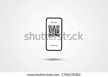 Shopping and Retail Concept  Smartphone showing quick response code on white screen in grey background.