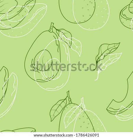 Seamless vector pattern with cute hand drawn whole, half and cut avocado with leaves. White and green line objects on green background. For wrapping paper, invitation, gift, fabric, wallpaper, textile Royalty-Free Stock Photo #1786426091