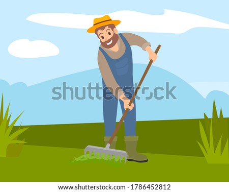 Bearded farmer in hat and overalls rakes the grass in field. Cultivation, harvesting, working on fresh air. A man cultivates the soil. Agricultural occupation and husbandry tool, flat vector