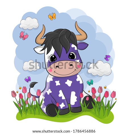 Cartoon cute cow in vector style. Clip-art is cute and has beautiful eyes. Cartoon bull is made against the background of clouds sitting on the green grass, around which multicolored butterflies fly.