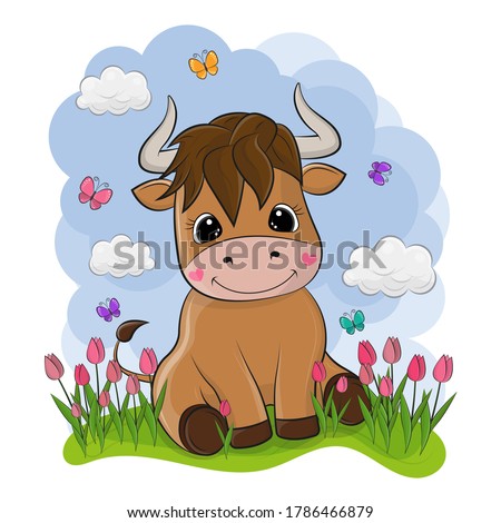 Cartoon cute bull in vector style. The picture was taken against the background of clouds sitting on the green grass, around which multicolored butterflies fly. The cow is cute and has beautiful eyes.