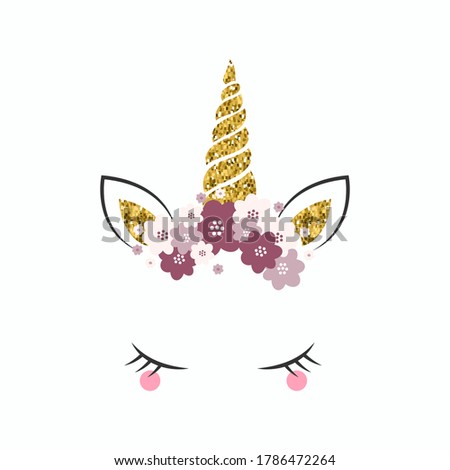 Unicorn horn jewelry with flowers wreath with cute eyes, suitable for girls and boys.Vector images baby shower for children's holiday, decoration element can be used on postcards and banners. 