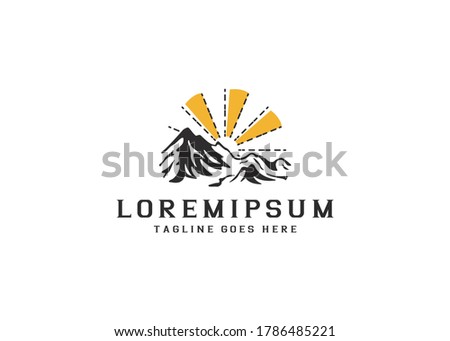 Mountain and Sun Rays, Mount Peak Hill Nature Landscape view logo design inspiration