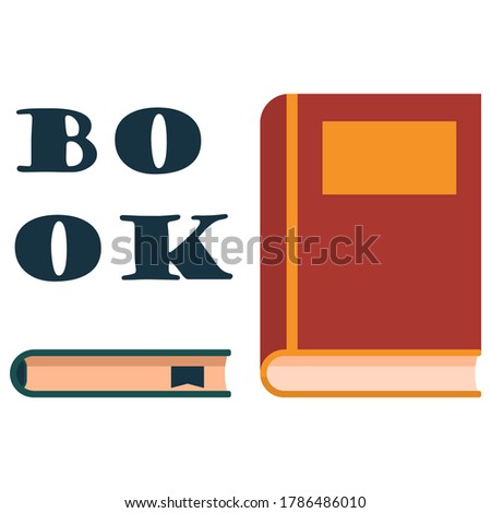Closed book with bookmark sticker set on white isolated backdrop. Diary for invitation or gift card, notebook, bath tile, scrapbook. Phone case or cloth print. Flat style stock vector illustration