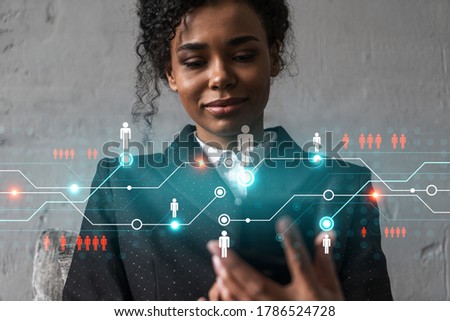 Businesswoman using phone, work in modern office on new project. Double exposure. Concept of success. Social network hologram.
