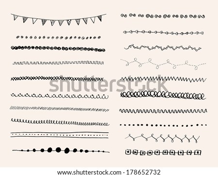 Ink hand-drawn vector line border set and scribble design element.