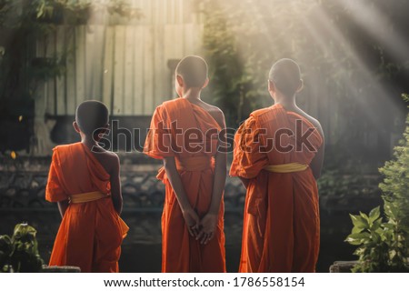 three novices, Asian monks, happy novices, thai monk in Buddhist temple,Time to concentrate,The monks to pray respect to the Buddha, Thai culture, Thai Novice are prayer, praying, Royalty-Free Stock Photo #1786558154