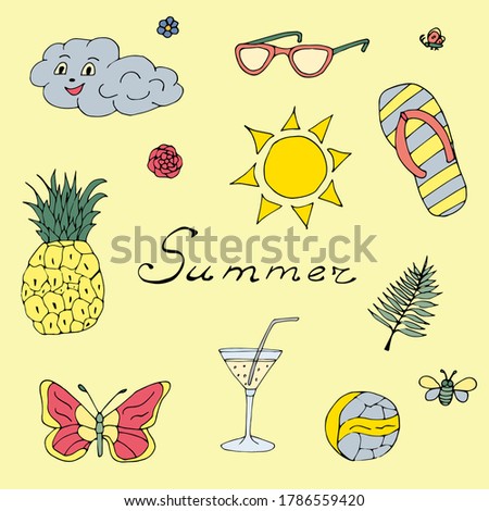 Colorful summer set with sun, sunglasses, pineapple, cloud, butterflies, ball, cocktail, little flowers, palm branch and text 