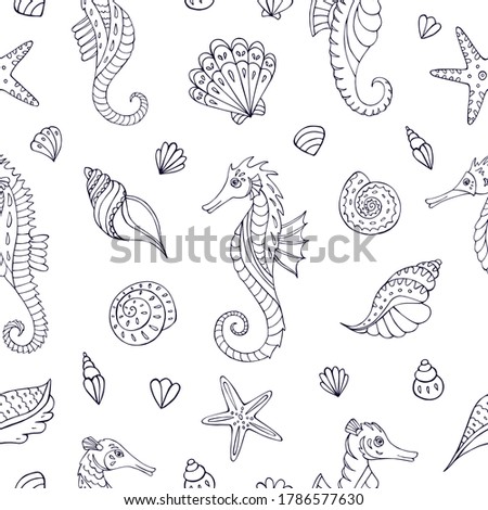 Seamless vector pattern with sketch of sea horses, sea stars and seashells. Sea seamless vector pattern. Decoration print for wrapping, wallpaper, fabric.  