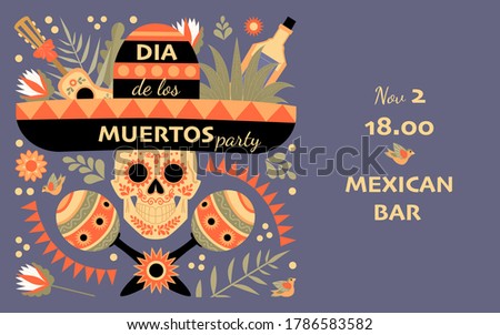 Dia de los muertos party. Day of the Dead invitation banner with decorated skull, hat and musical instruments on a background of flowers and leaves. Illustration in flat style