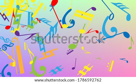 Disco Background. Many Random Falling Notes, Bass and, G Clef. Colorful Musical Notes Symbol Falling on Hologram Background. Disco Vector Template with Musical Symbols.