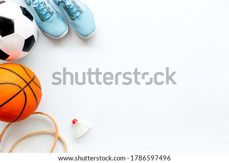 Set of sport games balls and equipment on white baclground. Top view copy space
