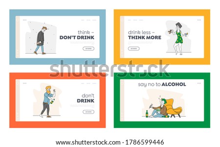 Alcohol Addiction Landing Page Template Set. Characters Have Pernicious Habits Addictions and Substance Abuse, Drunk Men and Women Celebrate Party, Puking, Sleeping. Linear People Vector Illustration