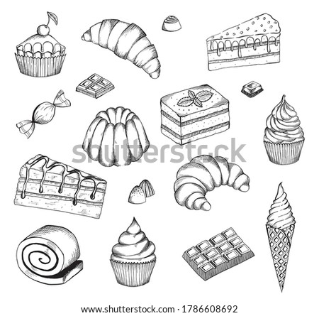 Hand drawn desserts vector set. Desserts bakery shop vector banner template. Hand drawn cakes bun, ice cream, chocolate and candies.