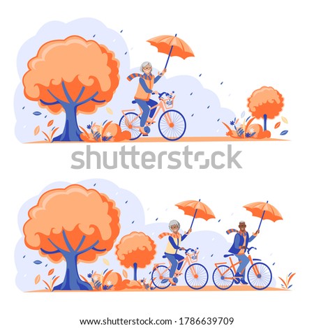 Flat illustrations of happy elderly people ride bicycles in the autumn in the park in the rain with umbrellas. Grandparents play sports and lead an active lifestyle. Vector banner in cartoon style.