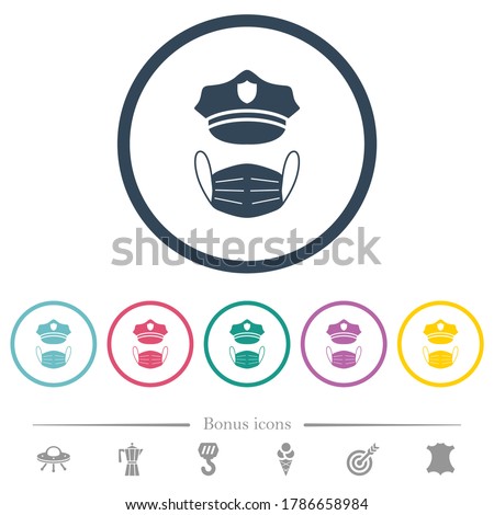 Police hat and medical face mask flat color icons in round outlines. 6 bonus icons included.