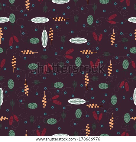 seamless pattern with leaves, pine cones and branches