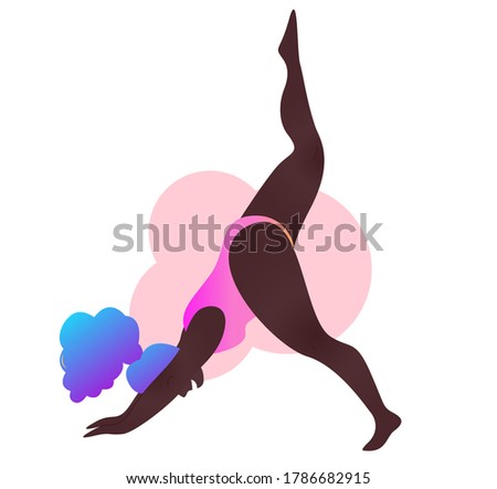 Plus size black curvy lady doing yoga class. Vector illustration isolated on white. Online workout. Body positive. Attractive African American woman. Downward facing dog asana or Adho mukha svanasana.