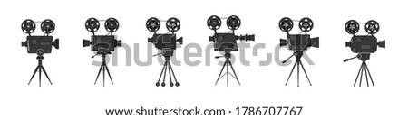 Hand-drawn sketch of an old cinema projectors in monochrome, isolated on white background. Set of old movie cinema projectors on a tripod. Template for banner, flyer or poster. 
