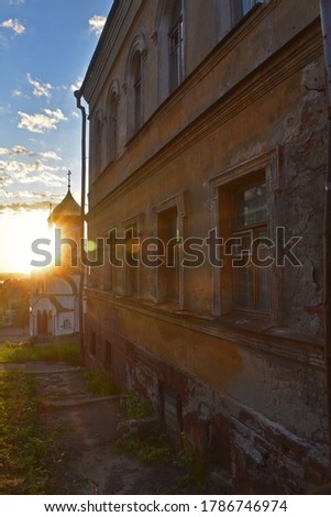 dawn over the church on the old street of Nizhny Novgorod