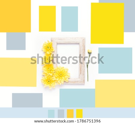Mood Board with mockup. On white background summer composition with yellow flowers and wooden frame