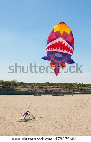 Big, colorful shark kite flying over the beach of camping Vittoria, Rosolina Mare, Veneto, Italy. Vertical shot.